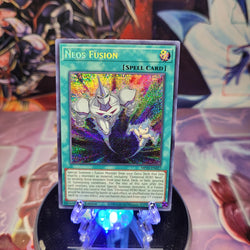 A Prismatic Secret Rare "Neos Fusion" card from the Yugioh 2020 Tin of Lost Memories Mega-Tin Mega Pack.