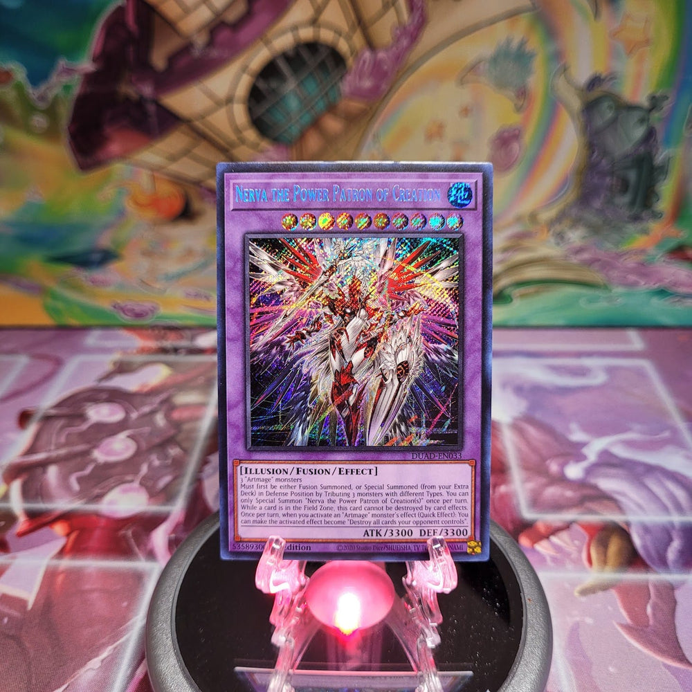 A Secret Rare "Nerva the Power Patron of Creation" card from the Yugioh Set: Duelist's Advance (DUAD).