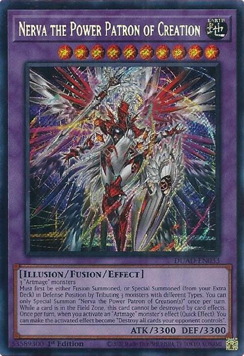 A Secret Rare "Nerva the Power Patron of Creation" card from the Yugioh Set: Duelist's Advance (DUAD).