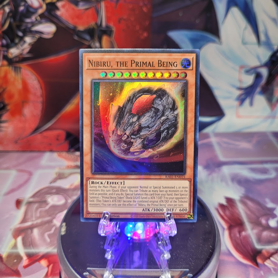 A Super Rare "Nibiru, the Primal Being" card from the Yugioh Set: Rarity Collection 1 (RA01).