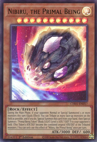 An Ultra Rare "Nibiru, the Primal Being" card from the Yugioh Structure Deck: The Fallen & The Virtuous (CH01).