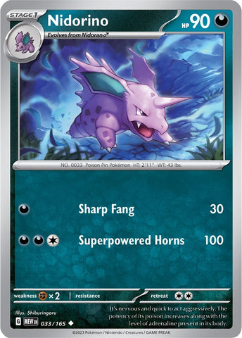 An uncommon Reverse Holo "Nidorino" (033/165) card from the Pokemon Set: Scarlet & Violet 151.