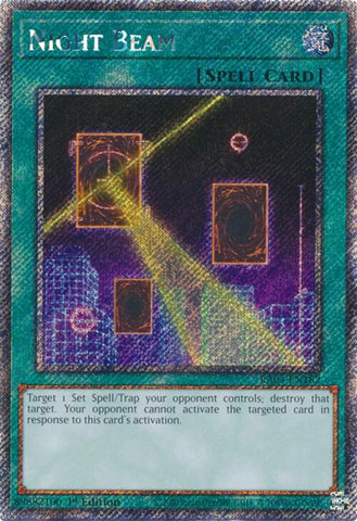 A Platinum Secret Rare "Night Beam" card from the Yugioh Set: Quarter Century Stampede (RA04).