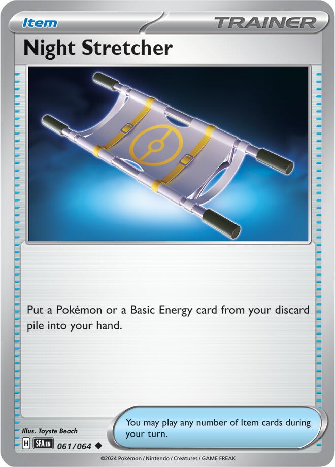 An Uncommon "Night Stretcher" (061/064) card from the Pokemon Set: Shrouded Fable.