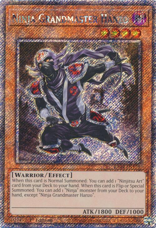 A Platinum Secret Rare "Ninja Grandmaster Hanzo" card from the Yugioh Set: Quarter Century Stampede (RA04).