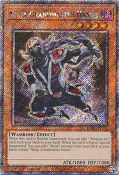 A Platinum Secret Rare "Ninja Grandmaster Hanzo" card from the Yugioh Set: Quarter Century Stampede (RA04).