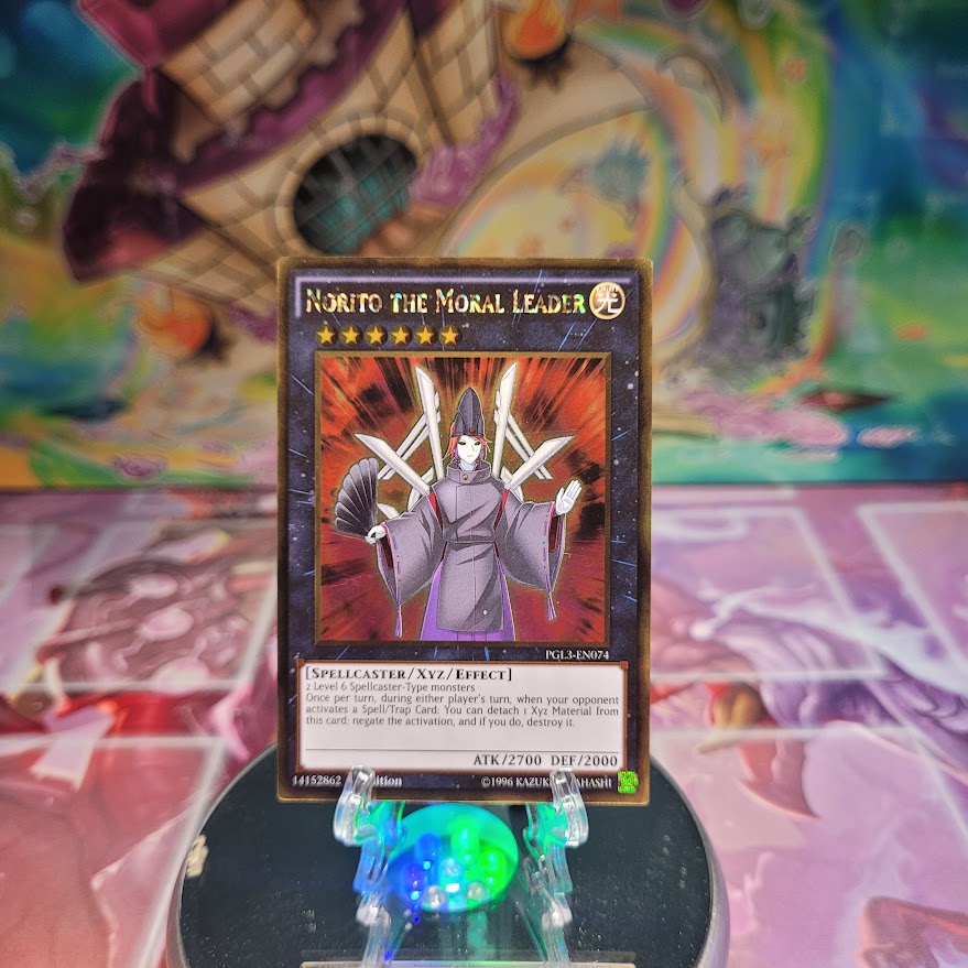 A Gold Rare "Norito the Moral Leader" card from the Yugioh Set: Premium Gold: Infinite Gold.