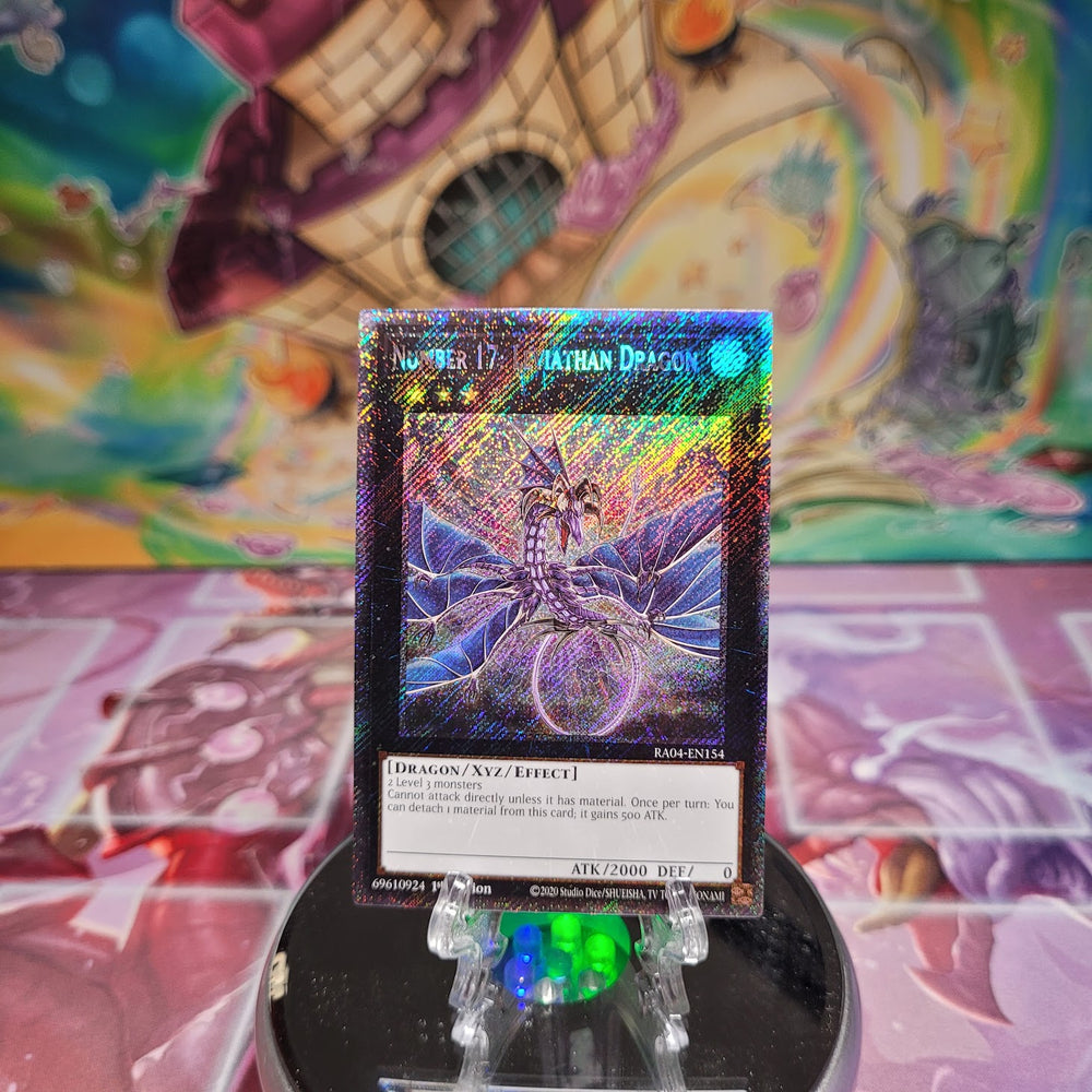 A Platinum Secret Rare "Number 17: Leviathan Dragon" card from the Yugioh Set: Quarter Century Stampede (RA04).