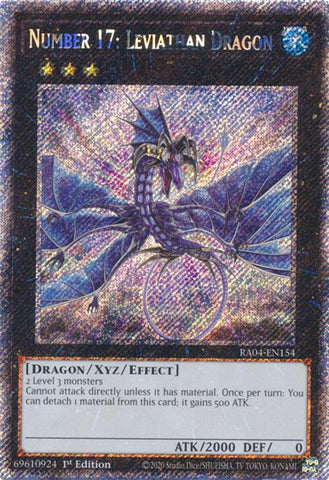 A Platinum Secret Rare "Number 17: Leviathan Dragon" card from the Yugioh Set: Quarter Century Stampede (RA04).
