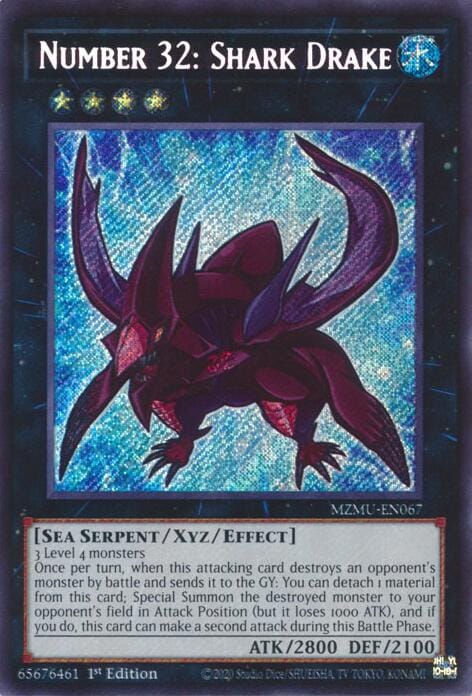 A Secret Rare "Number 32: Shark Drake" chibi art card from the Yugioh Set: Maze of Muertos (MZMU).