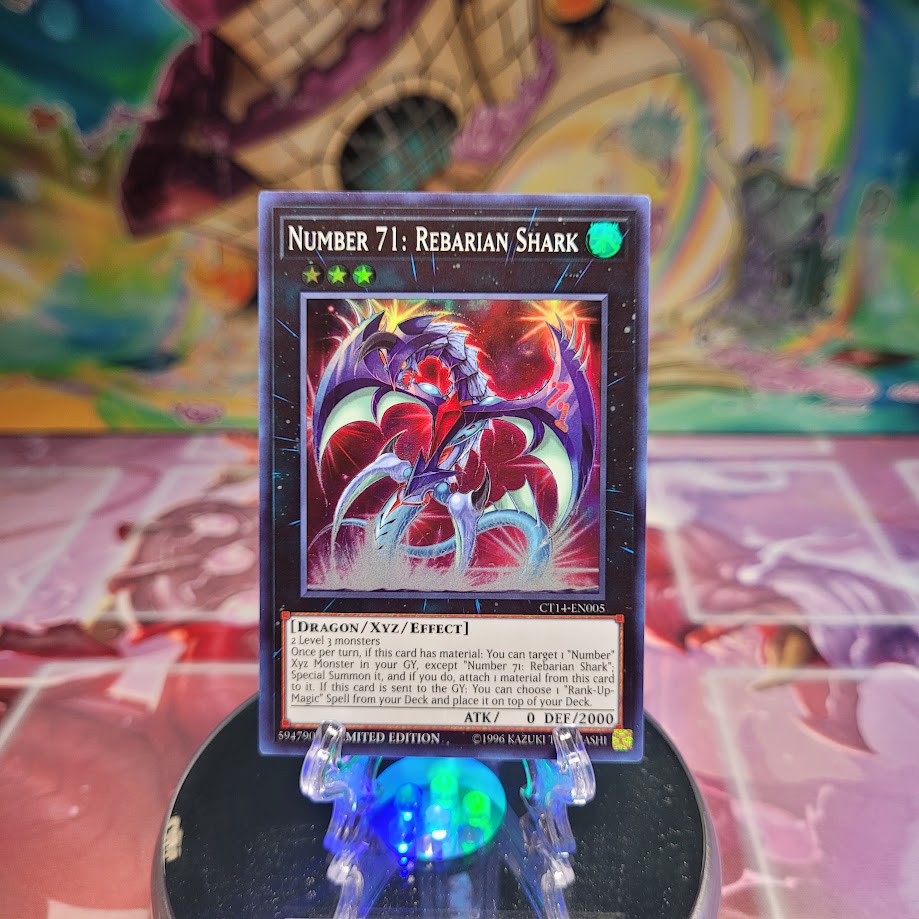 A Super Rare "Number 71: Rebarian Shark" card from the Yugioh 2017 Mega-Tin Mega Pack. 