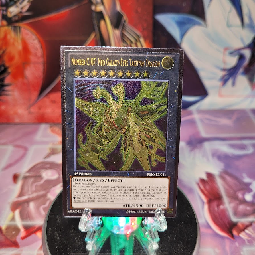 An Ultimate Rare "Number C107: Neo Galaxy-Eyes Tachyon Dragon" card from the Yugioh Set: Primal Origin (PRIO).