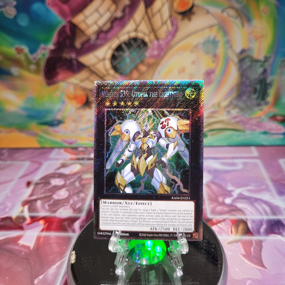 A Platinum Secret Rare "Number S39: Utopia the Lightning" card from the Yugioh Set: Quarter Century Stampede (RA04).