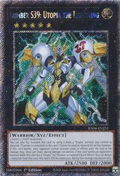 A Platinum Secret Rare "Number S39: Utopia the Lightning" card from the Yugioh Set: Quarter Century Stampede (RA04).