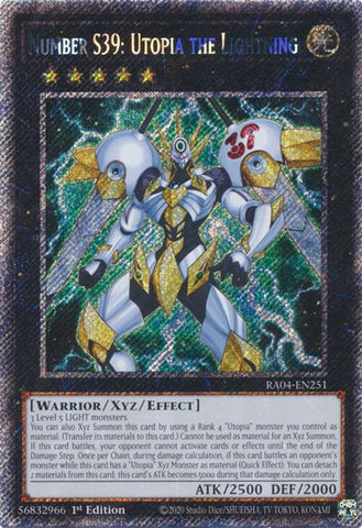 A Platinum Secret Rare "Number S39: Utopia the Lightning" card from the Yugioh Set: Quarter Century Stampede (RA04).