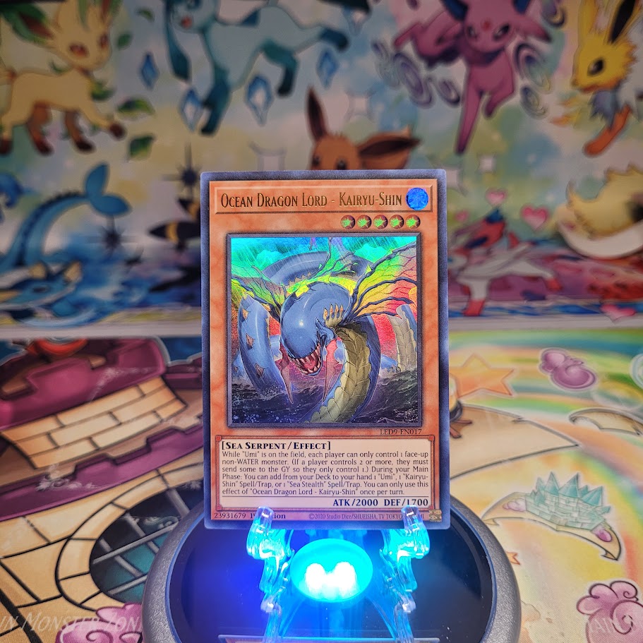 An Ultra Rare "Ocean Dragon Lord - Kairyu-Shin" card from the Yugioh Set: Legendary Duelists: Duels From the Deep (LED9).