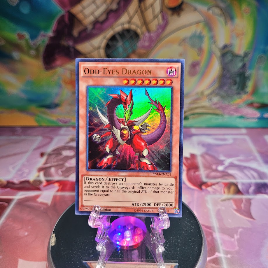 An Ultra Rare "Odd-Eyes Dragon" card from the Yugioh Super Starter: Space-Time Showdown Starter Deck.