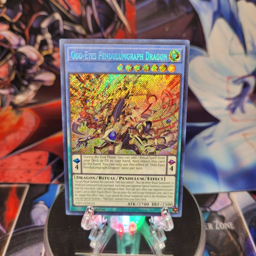 A Secret Rare "Odd-Eyes Pendulumgraph Dragon" card from the Yugioh Set: Dimension Force.