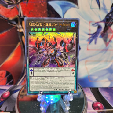 An Ultra Rare "Odd-Eyes Rebellion Dragon" card from the Yugioh Set: Battles of Legend: Crystal Revenge.