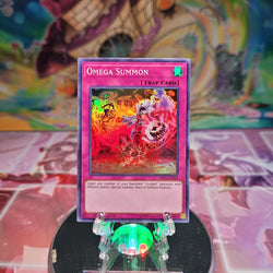 A Super Rare "Omega Summon" card from the Yugioh Set: Shadows in Valhalla (SHVA).