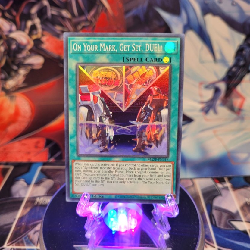 A Super Rare "On Your Mark, Get Set, Duel!" card from the Yugioh Set: Maze of Memories.