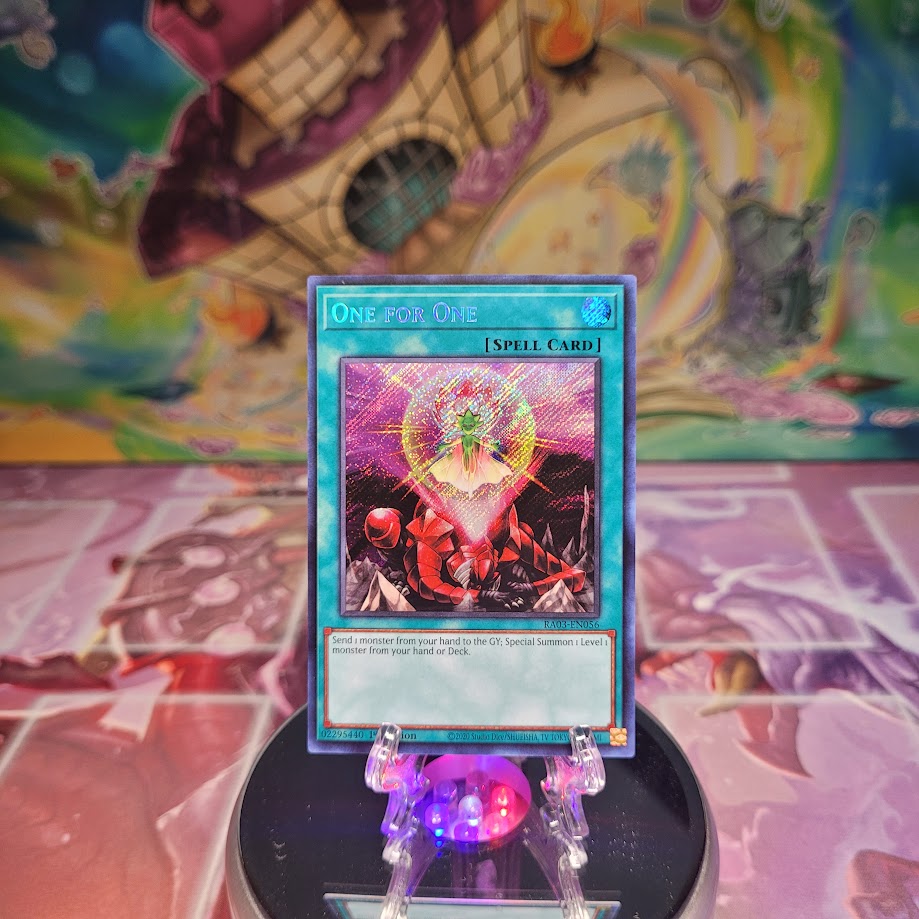 A Secret Rare "One For One" card from the Yugioh Set: Quarter Century Bonanza (RA03).
