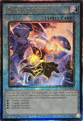 A Prismatic Ultimate Rare "Onomatopaira" card from the Yugioh Set: Quarter Century Stampede (RA04).