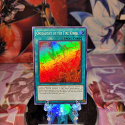 A Super Rare "Onslaught of the Fire Kings" card from the Yugioh Set: The Hidden Summoners (HISU).