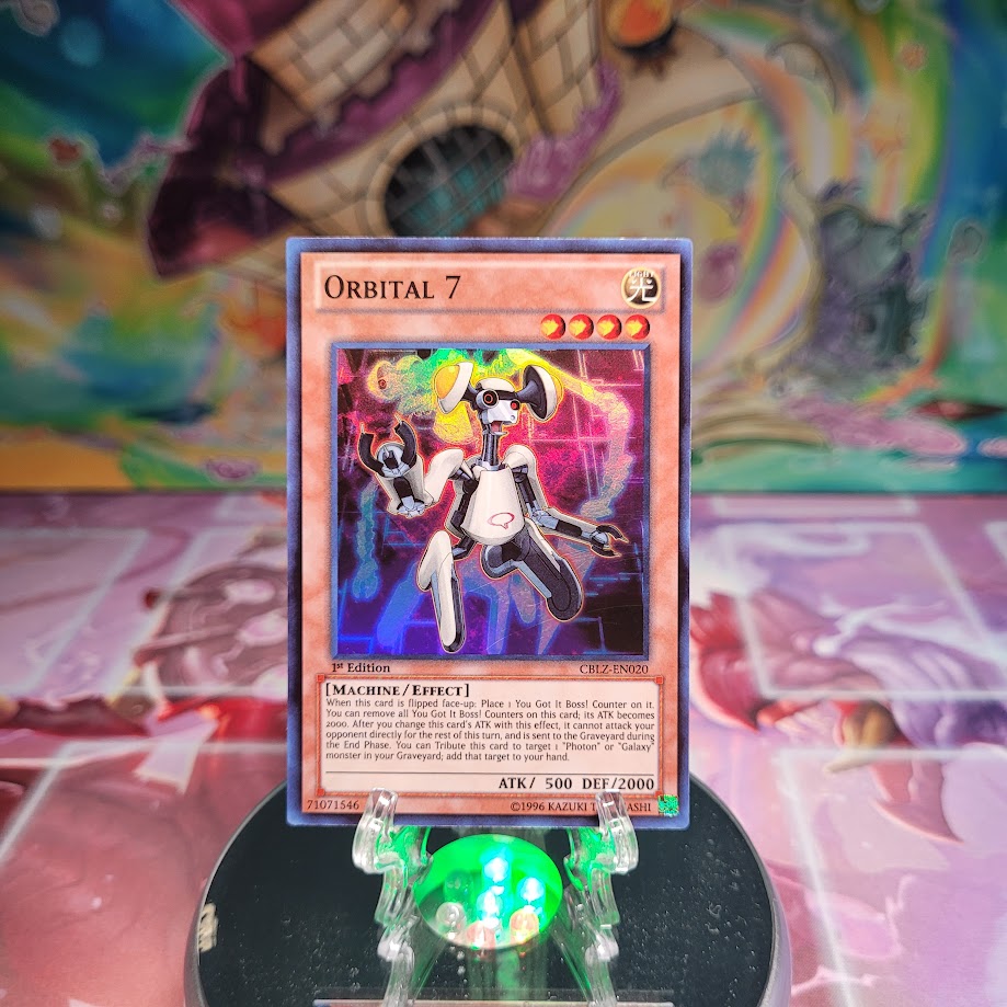 A Super Rare "Orbital 7" card from the Yugioh Set: Cosmo Blazer.