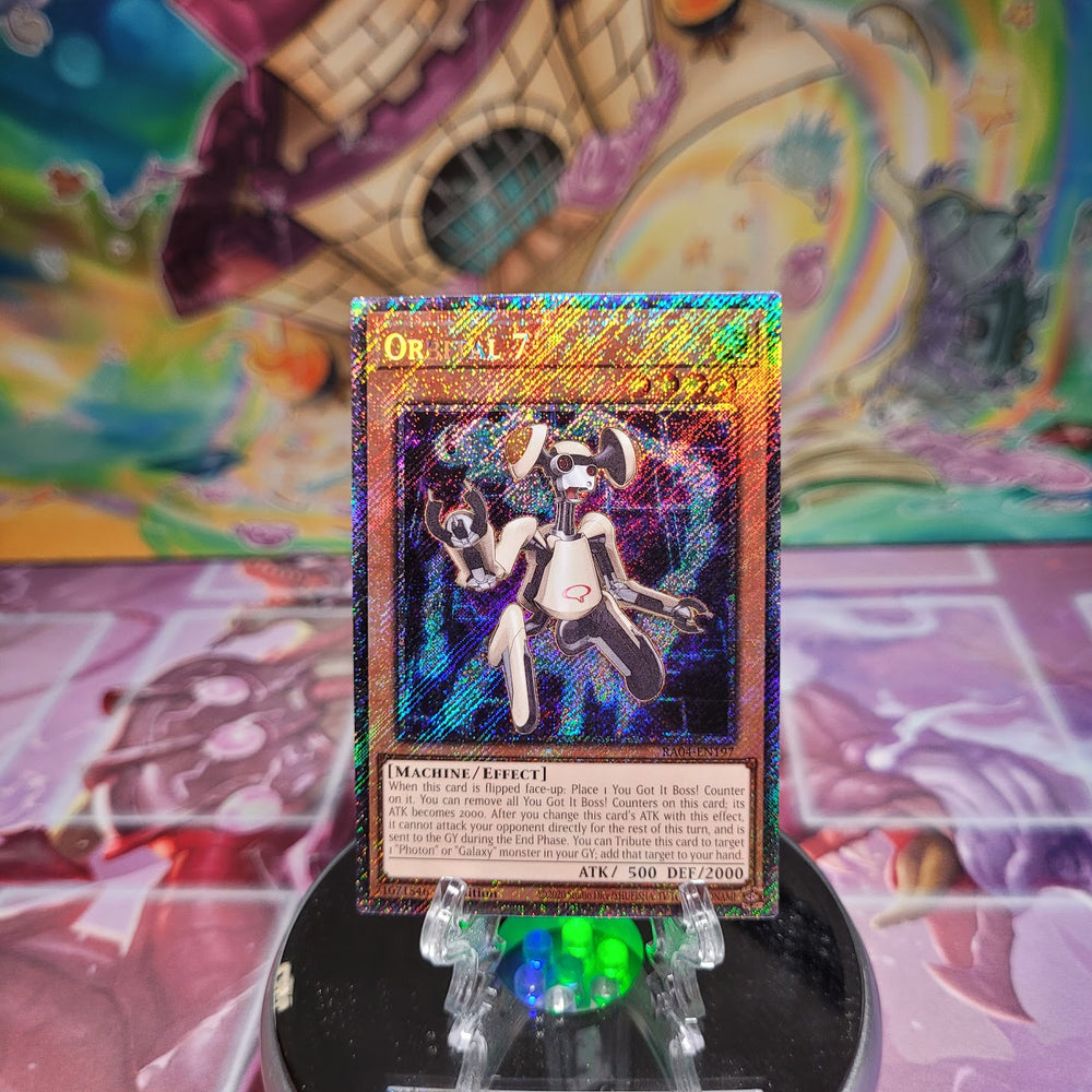 A Platinum Secret Rare "Orbital 7" card from the Yugioh Set: Quarter Century Stampede (RA04).