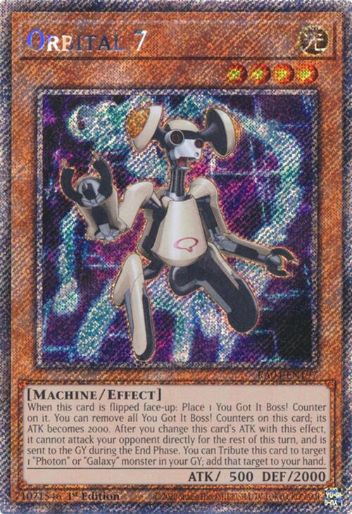 A Platinum Secret Rare "Orbital 7" card from the Yugioh Set: Quarter Century Stampede (RA04).