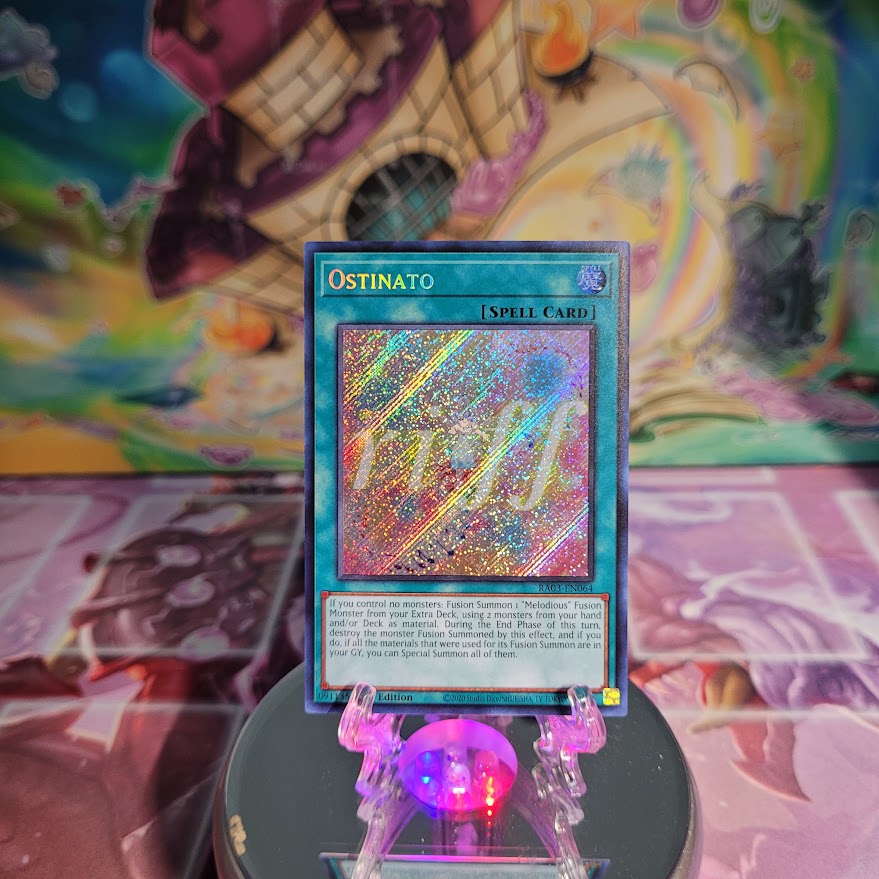  A Secret Rare "Ostinato" card from the Yugioh Set: Quarter Century Bonanza (RA03).