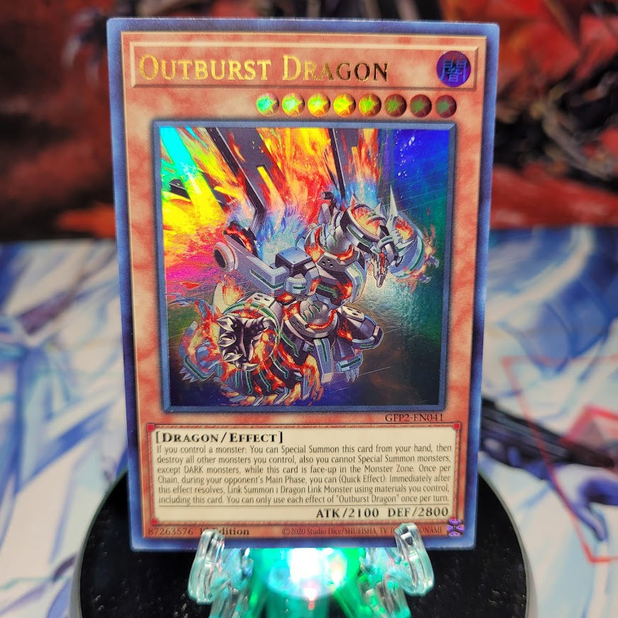  An Ultra Rare "Outburst Dragon" card from the Yugioh Set: Ghosts From the Past: The 2nd Haunting (GFP2).