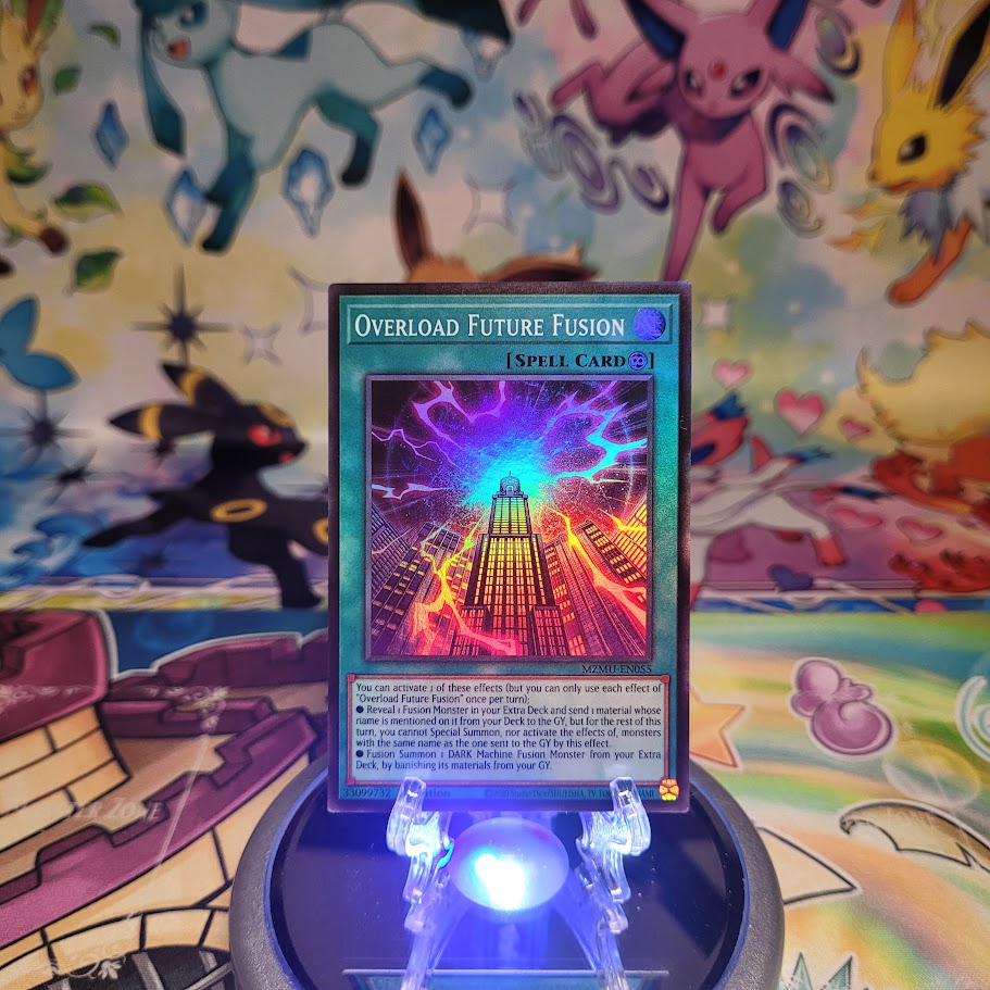 A Super Rare "Overload Future Fusion" card from the Yugioh Set: Maze of Muertos (MZMU).