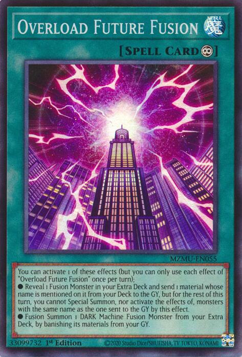 A Super Rare "Overload Future Fusion" card from the Yugioh Set: Maze of Muertos (MZMU).