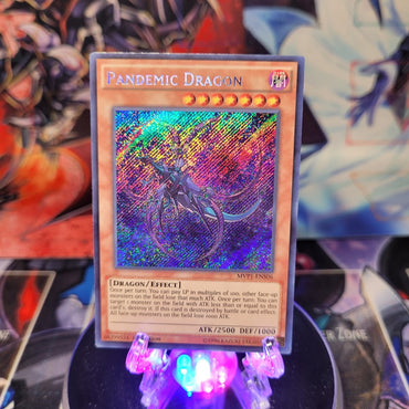 A Secret Rare "Pandemic Dragon" card from the Yugioh Set: The Dark Side of Dimensions: Movie Pack.