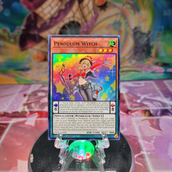 A Super Rare "Pendulum Witch" card from the Yugioh Set: Legacy of Destruction.