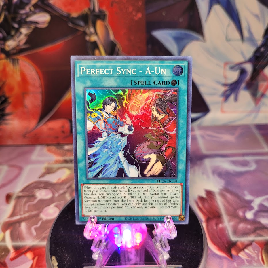 A Super Rare "Perfect Sync - A-Un" card from the Yugioh Set: Phantom Rage.