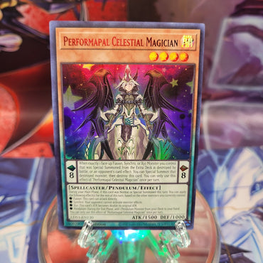 An Ultra Rare Red "Performapal Celestial Magician" card from the Yugioh Set: Legendary Duelists: Season 3.