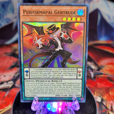  A Super Rare "Performapal Gentrude" card from the Yugioh Set: Dimension Force.