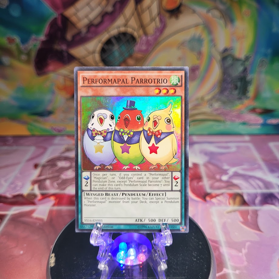 A Super Rare "Performapal Parrotrio" card from the Yugioh Starter Deck: Yuya.