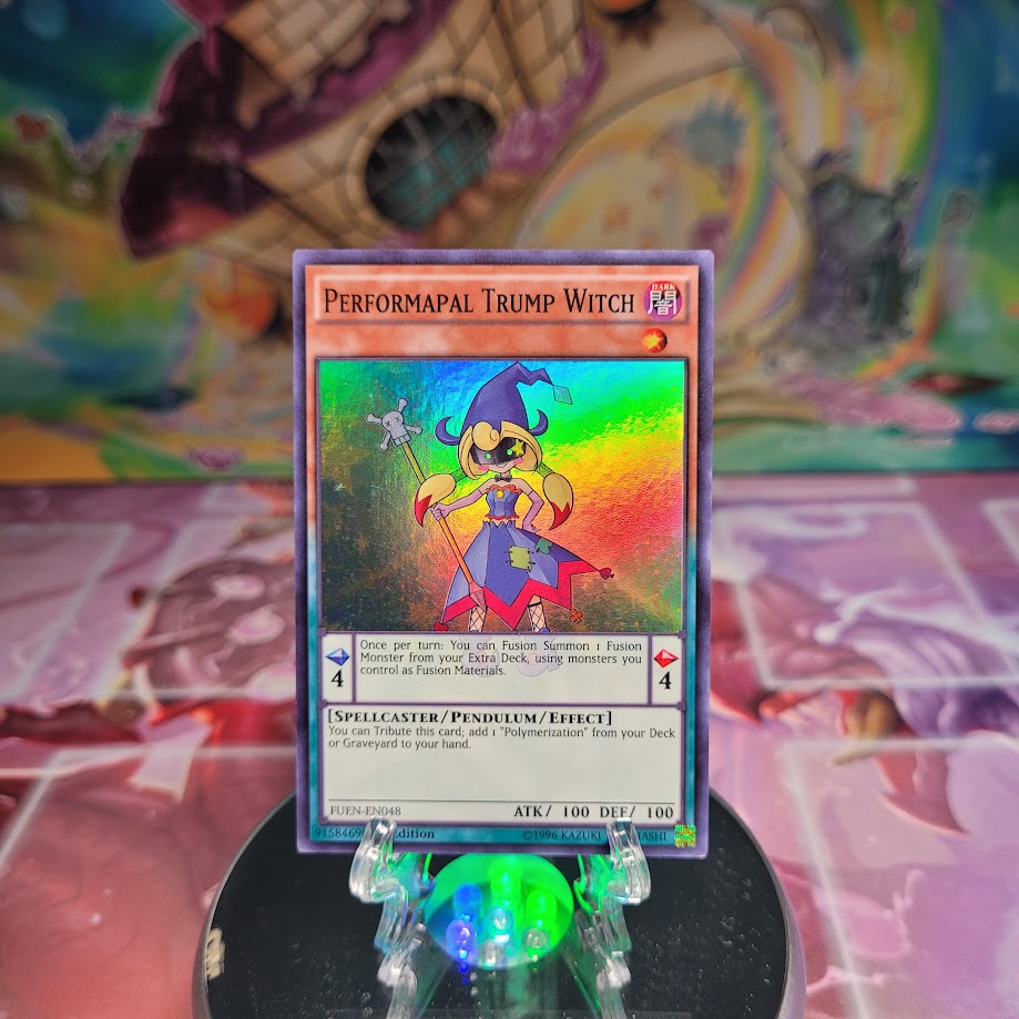 A Super Rare "Performapal Trump Witch" card from the Yugioh Set: Fusion Enforcers.