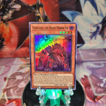 A Super Rare "Phantasos, the Dream Mirror Foe" card from the Yugioh Set: Chaos Impact.