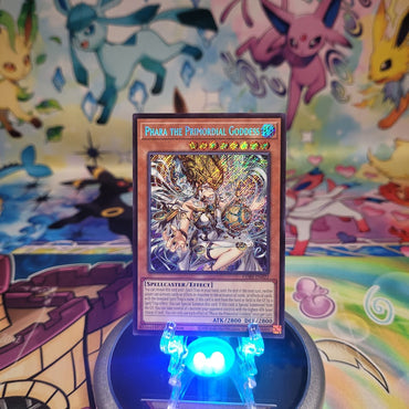 A Secret Rare “Phara the Primordial Goddess” card from the Yugioh Set: Chaos Origins (CORI).
