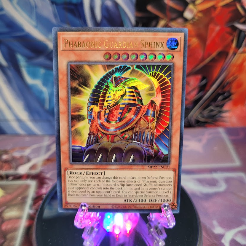 An Ultra Rare "Pharaonic Guardian Sphinx" card from the Yugioh 2022 Tin of the Pharaoh's Gods Set (MP22).