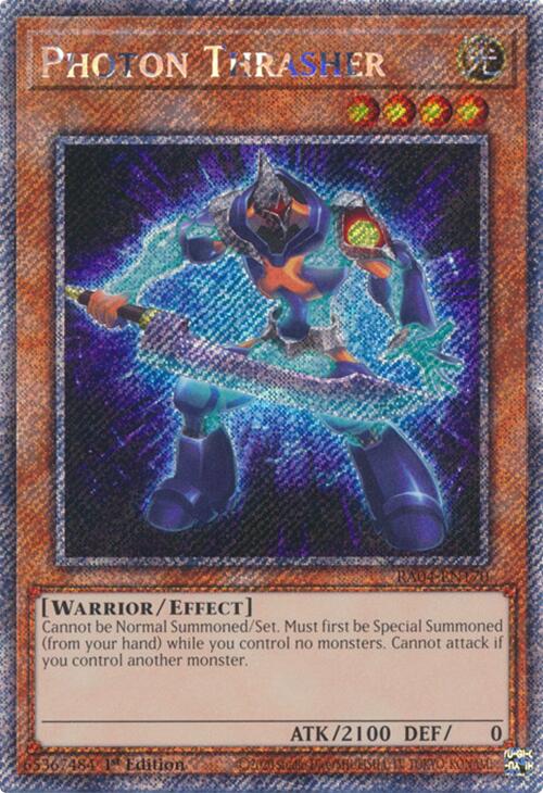 A Platinum Secret Rare "Photon Thrasher" card from the Yugioh Set: Quarter Century Stampede (RA04).