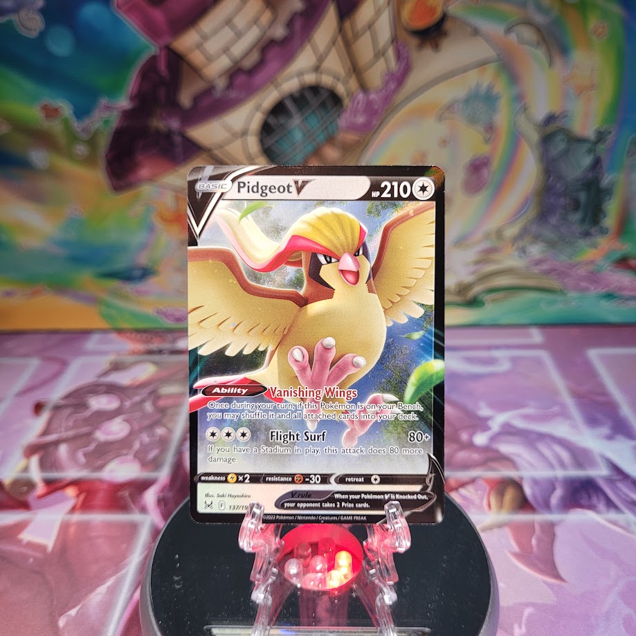 An Ultra Rare "Pidgeot V" (137/196) card from the Pokemon Set: Sword & Shield: Lost Origin.