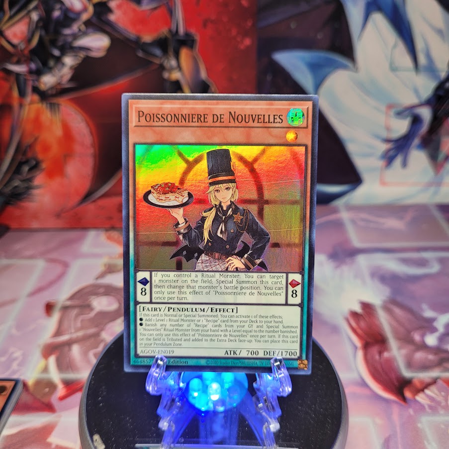 A Super Rare "Poissonniere De Nouvelles" card from the Yugioh Set: Age of Overlord.