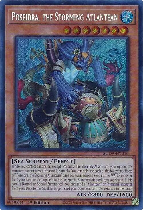 A Secret Rare "Poseidra, the Storming Atlantean" card from the Yugioh Set: Supreme Darkness (SUDA).