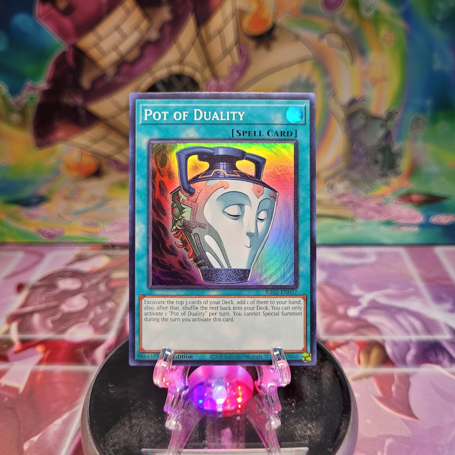 A Super Rare "Pot of Duality" card from the Yugioh Set: Rarity Collection 2 (RA02).